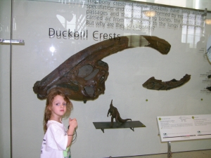 Peo by the Parasaurolophus fossil display.